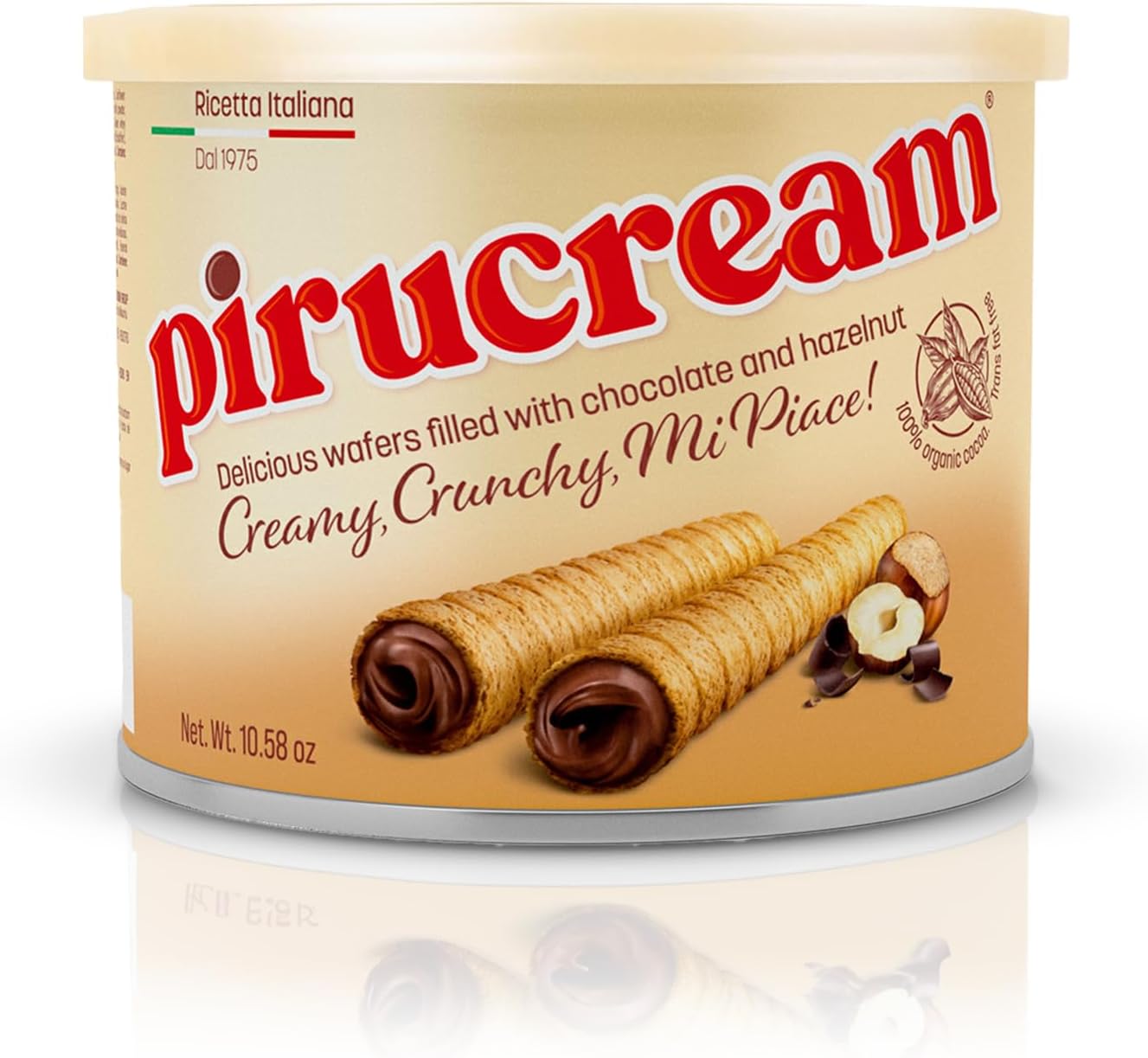 Pirucream Rolled Wafers with Chocolate Hazelnut, Organic Alkaline 100% Cocoa – No Trans-Fat, Preservatives, Colorants or Additives and without Palm Oil (300Gr/ 10.58Oz each one – 1 Pack Tin)
