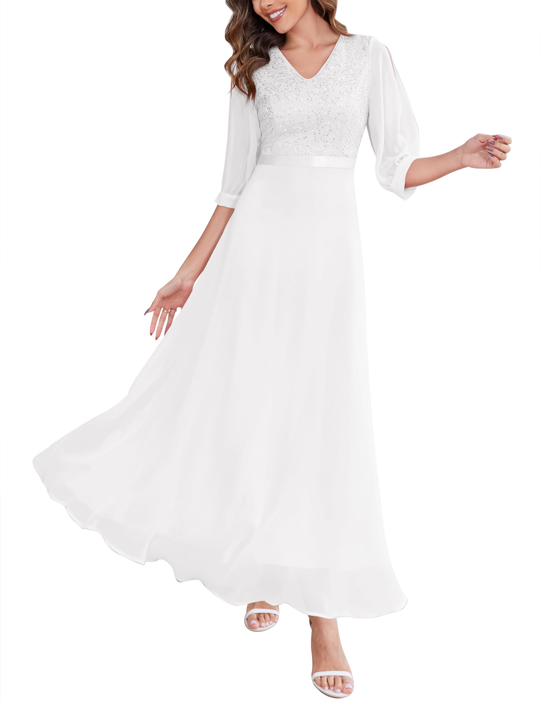 Wedtrend Vestido de noche elegante para boda, cuello en V, gasa, vestido de cóctel, vestido largo de graduación, con mangas divididas, vestido de encaje con lentejuelas