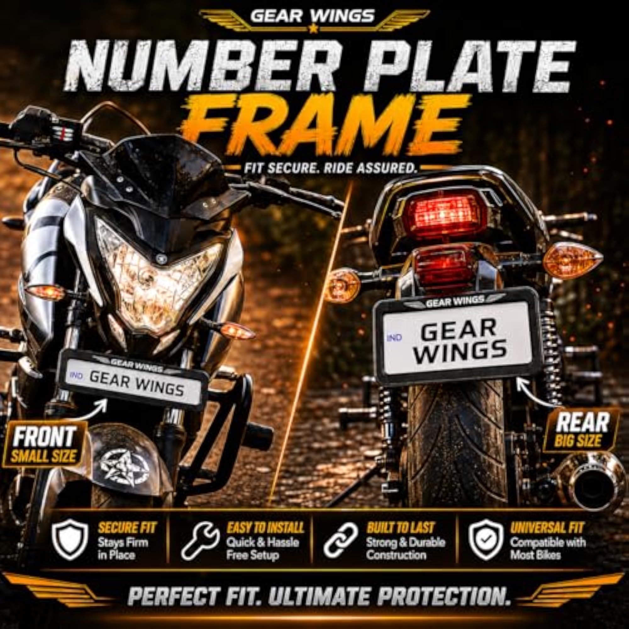 Universal Bike HSRP Number Plate Frame Set, Durable Cover