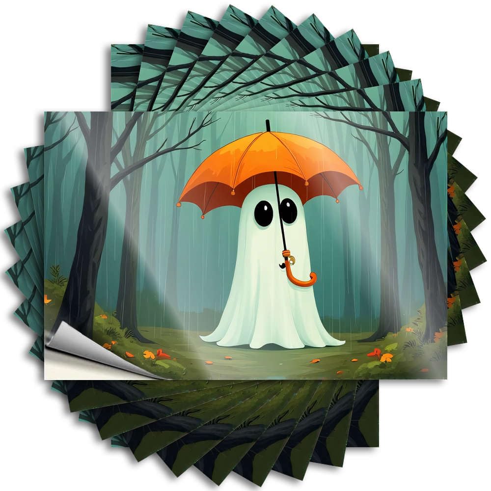 Sticker Coastal Life Waterproof - A Friendly Ghost Holding an Orange Umbrella in The Rain Helmet Self Adhesive Decal for Gamer Use(8X12CM)
