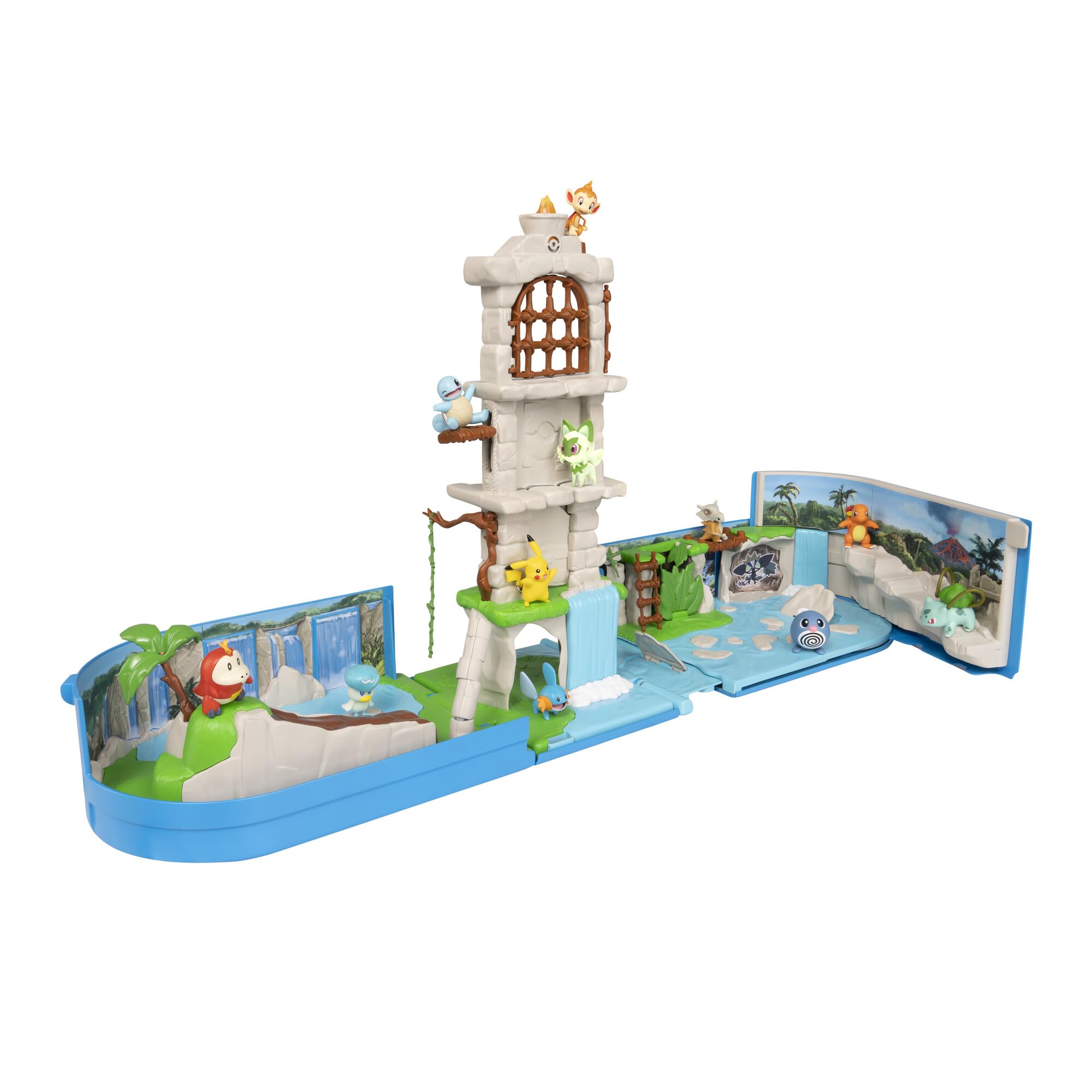 Pokémon Set de Ruinas Bélicas y Transporte Set Mochila Transformable Portátil con acción y Figura de acción Pikachu de 5 cm