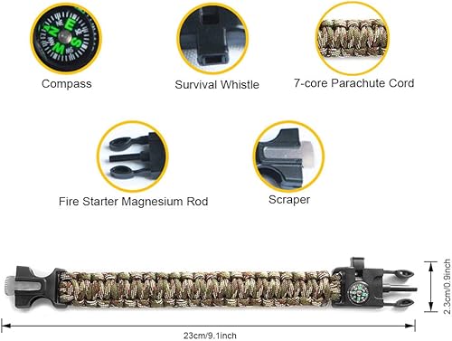 Miniatura 3 de TecHong Pulsera de paracaídas de camuflaje de supervivencia, 5 en 1, pulsera deportiva casual con múltiples herramientas de emergencia, brújula,