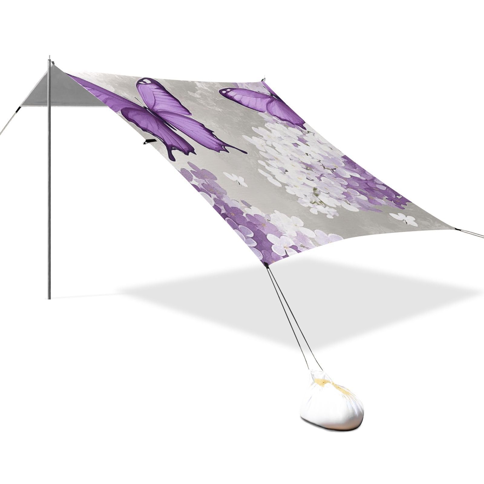 Purple Flowers Butterflies Stable Beach Tent UPF50+ Protection Waterproof Sun Shelter with Sand Pockets for Camping Trips, Fishing, Backyard Fun or Picnics
