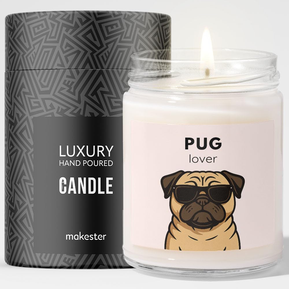 Pug Gifts - Luxury Soy Wax Candle - Vanilla, Jasmine, Sugared Almond - Dogs in Shades - Makester
