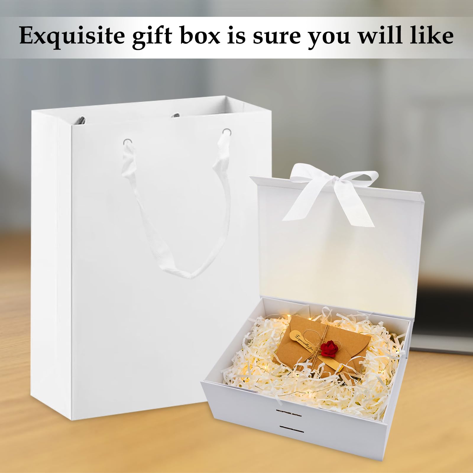 Emartbuy Luxus Geschenkbox – Rechteckig, 29x21x8,7 Cm, Weiß Mit Grauem Blumen-Deckel & Band – Fertig Montiert, Perfekt Für Präsentationen & Besondere Geschenke