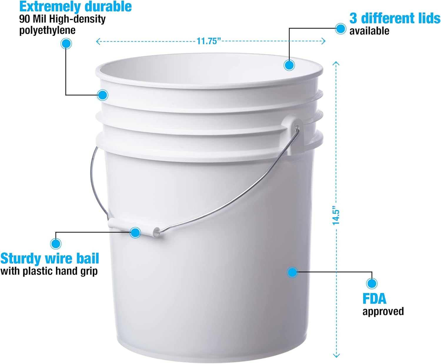 Consolidated Plastics 5 Gallon White Food Grade Buckets + Green Gamma Seal Lids, BPA Free Container Storage, Durable HDPE Pails, Made in USA (3 Pack)