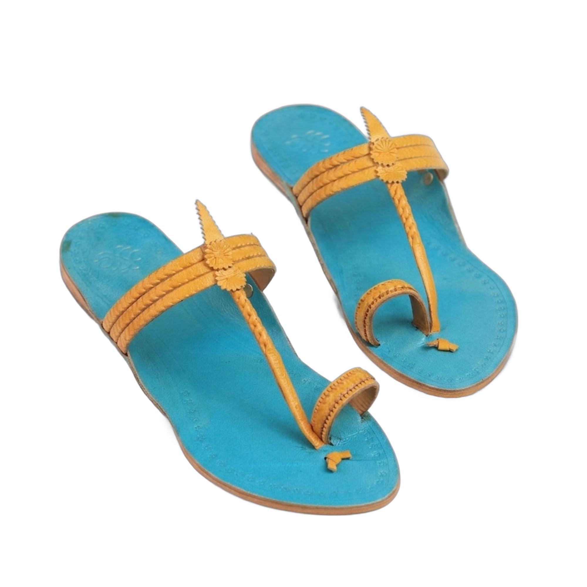 Neerja Women's Kolhapuri Chappal for Women | Genuine Leather Handmade GI-Tagged Ethnic Sandals | Turquoise & Blue & Yellow Flat Slippers for Casual & Office-image-2