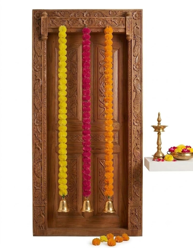 Esatationeryhouse Marigold Garlands Flowers Artificial with Gold Bell Mixed Color Pack of 3.
