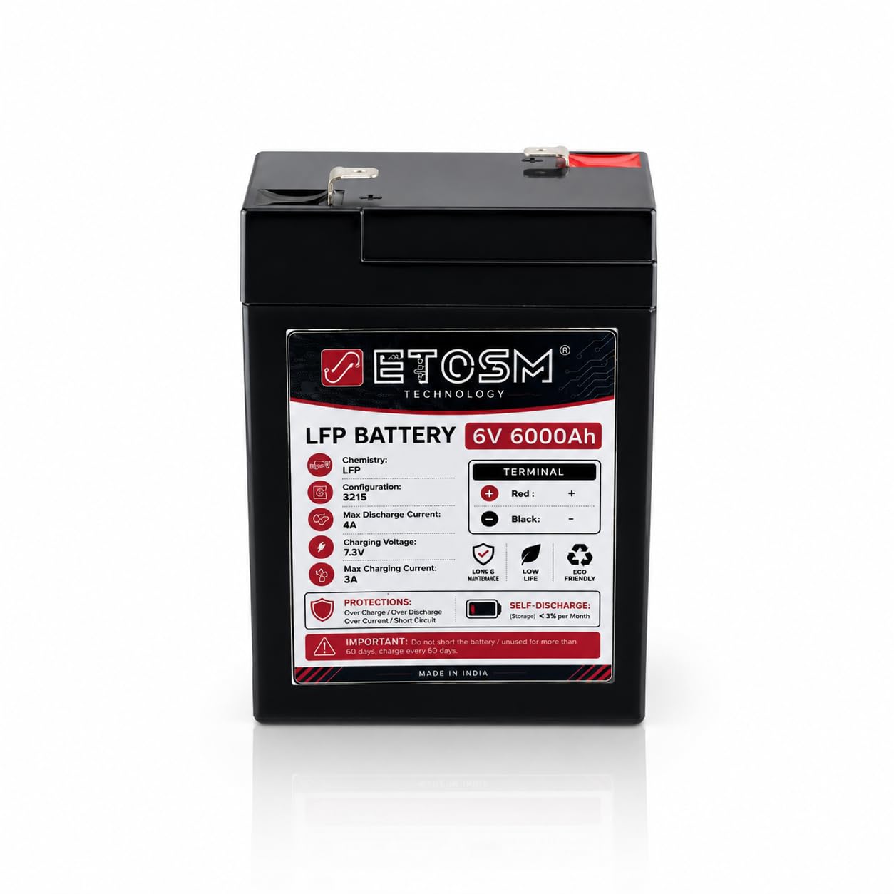EToSM 6V 6000mAh LiFePO4 Rechargeable Battery with BMS Protection | 2000+ Cycles | Lightweight LFP Battery Pack for Emergency Light, Toy Car, Solar Projects, LED Lights & Backup Applications-picture-40