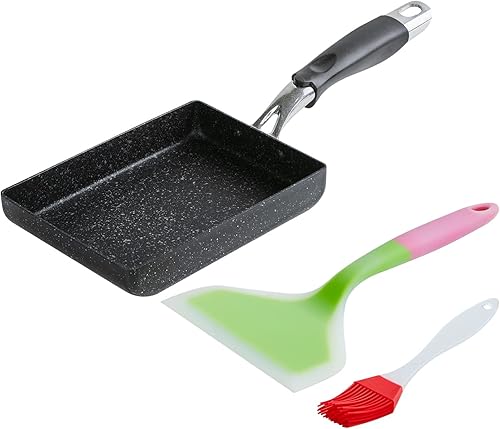 Miniatura 5 de Sartén Tamagoyaki prémium de 7 x 5 pulgadas, sartén para tortilla japonesa antiadherente, sartén japonesa con tapa y cepillo de aceite, sartén para