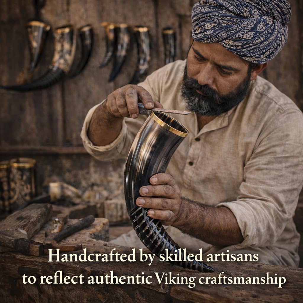 Divit Genuine Viking Drinking Horn with Iron stand | Authentic Medieval Beer Drinking Horn | Brass Adornments & Burlap Gift Sack Included | 16 oz capacity (Swirl Carved, Polished)