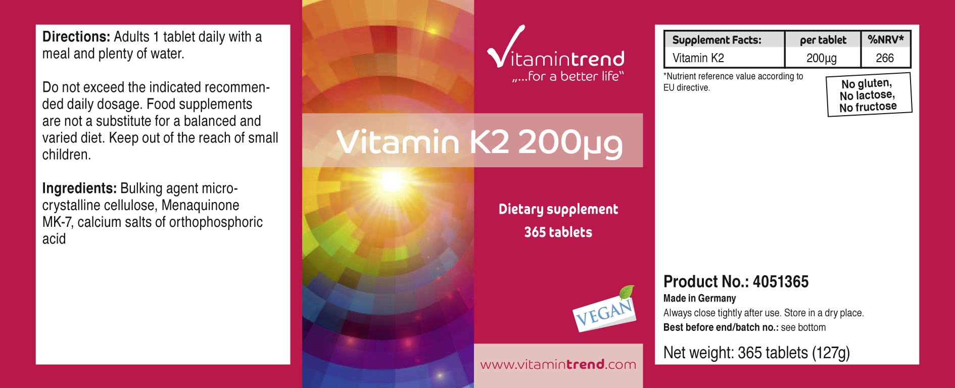 Vitamintrend Vitamine K2 200 µg, 365 comprimés, facile à avaler, complément alimentaire végan sans stéarate de magnésium, fabriqué en Allemagne