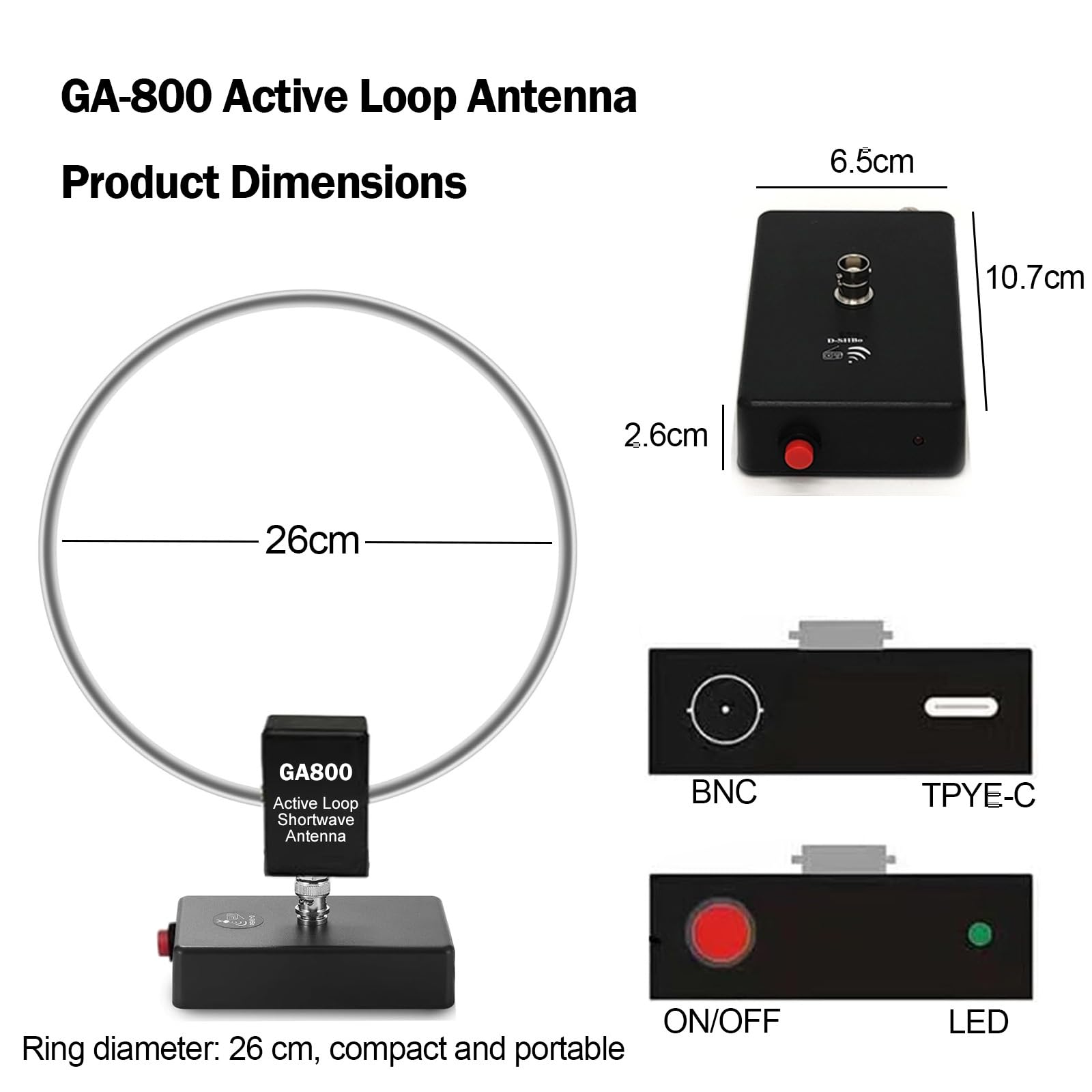AURSINC GA800 Loop Antenna, Active Shortwave Radio Antenna con cavo BNC 10KHz-159MHz HF per radio Ham (Free of Tuning)
