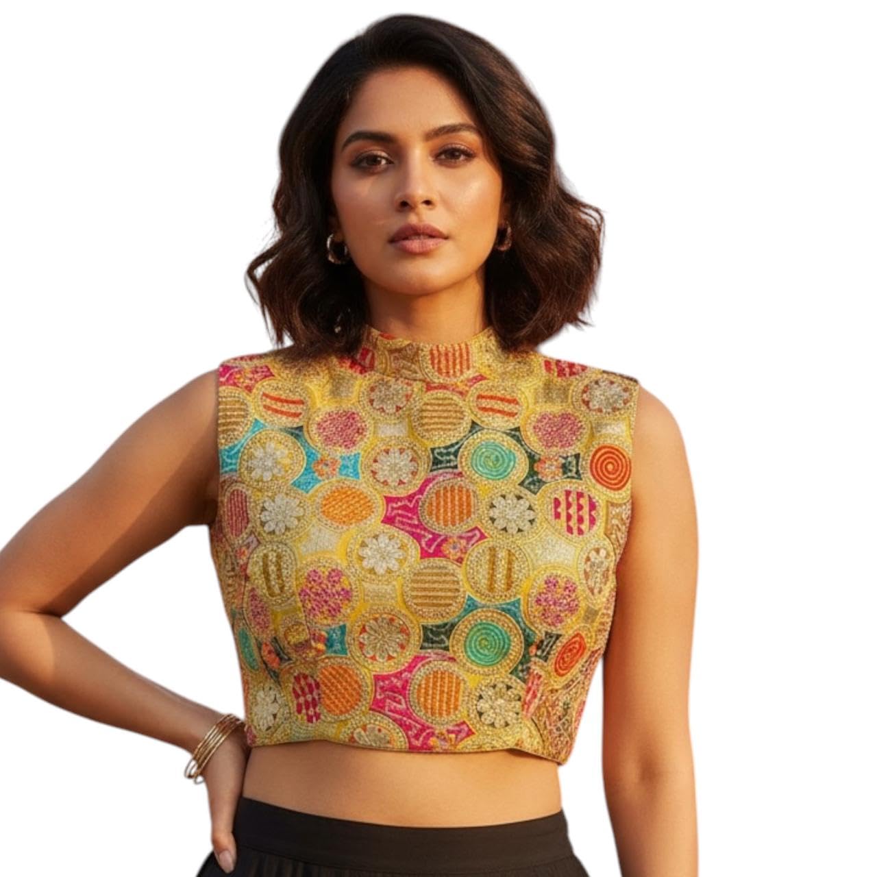 Women's Multicolour Embroidered Sleeveless Crop Blouse | Attachable slevees-picture-37
