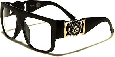 Kleo Square Gold Lion Head Medallion Buckle Retro Luxury Sunglasses/Eyeglasses w/Clear Lenses (Matte Black & Gold, Clear Lenses)