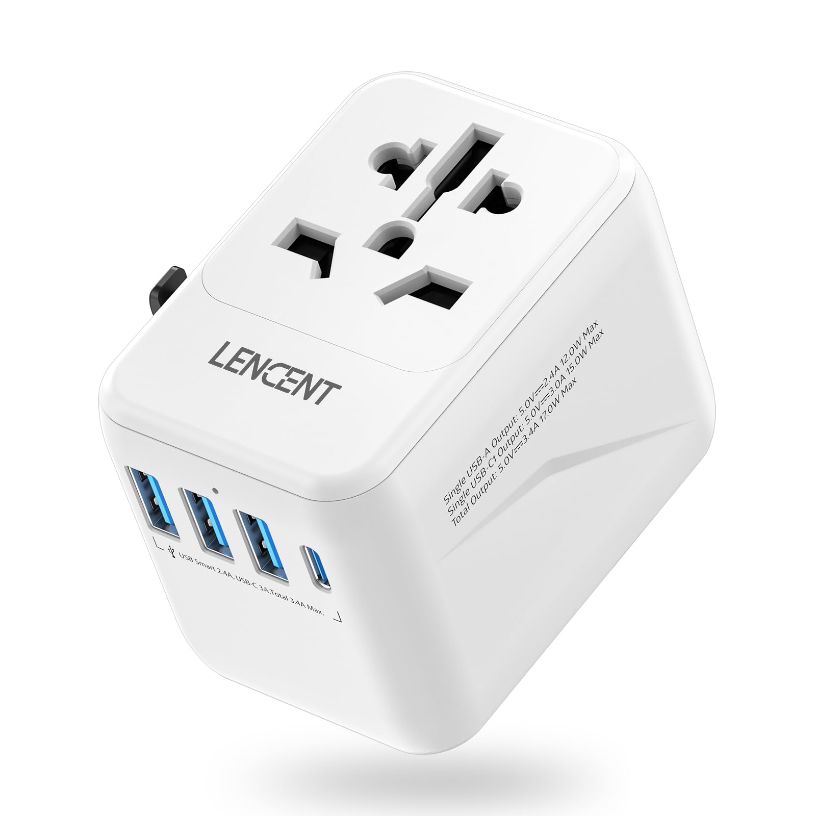 LENCENT Universal Travel Adapter, International Charger with 3 USB Ports & Type-C PD Charging Adaptor for Cellphones,Laptop, All in One Travel Plug Adapter for Over 200 Countries (USA UK EU AUS) White