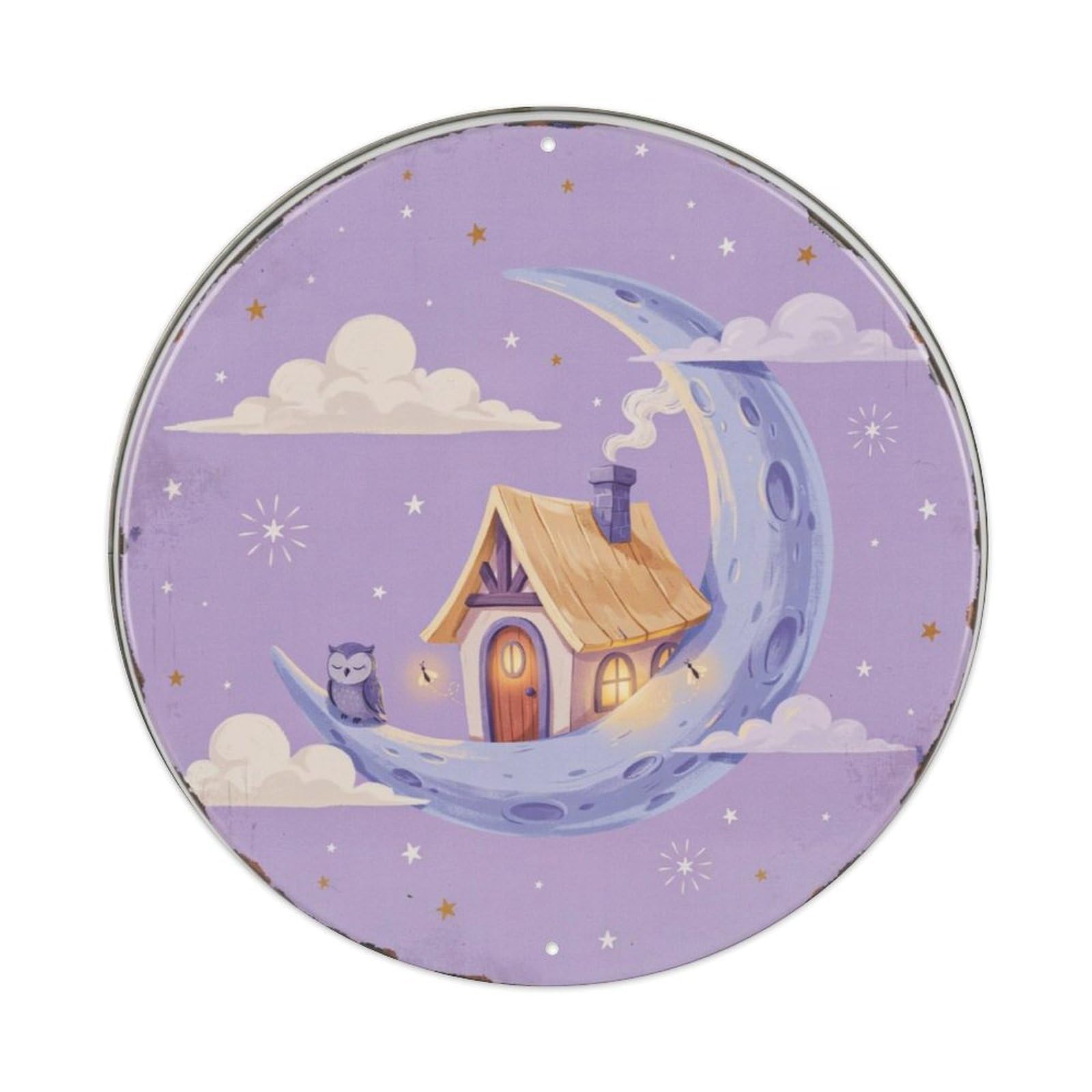 Crescent Moon Cottage Fairytale Round Metal Tin Sign Plaque