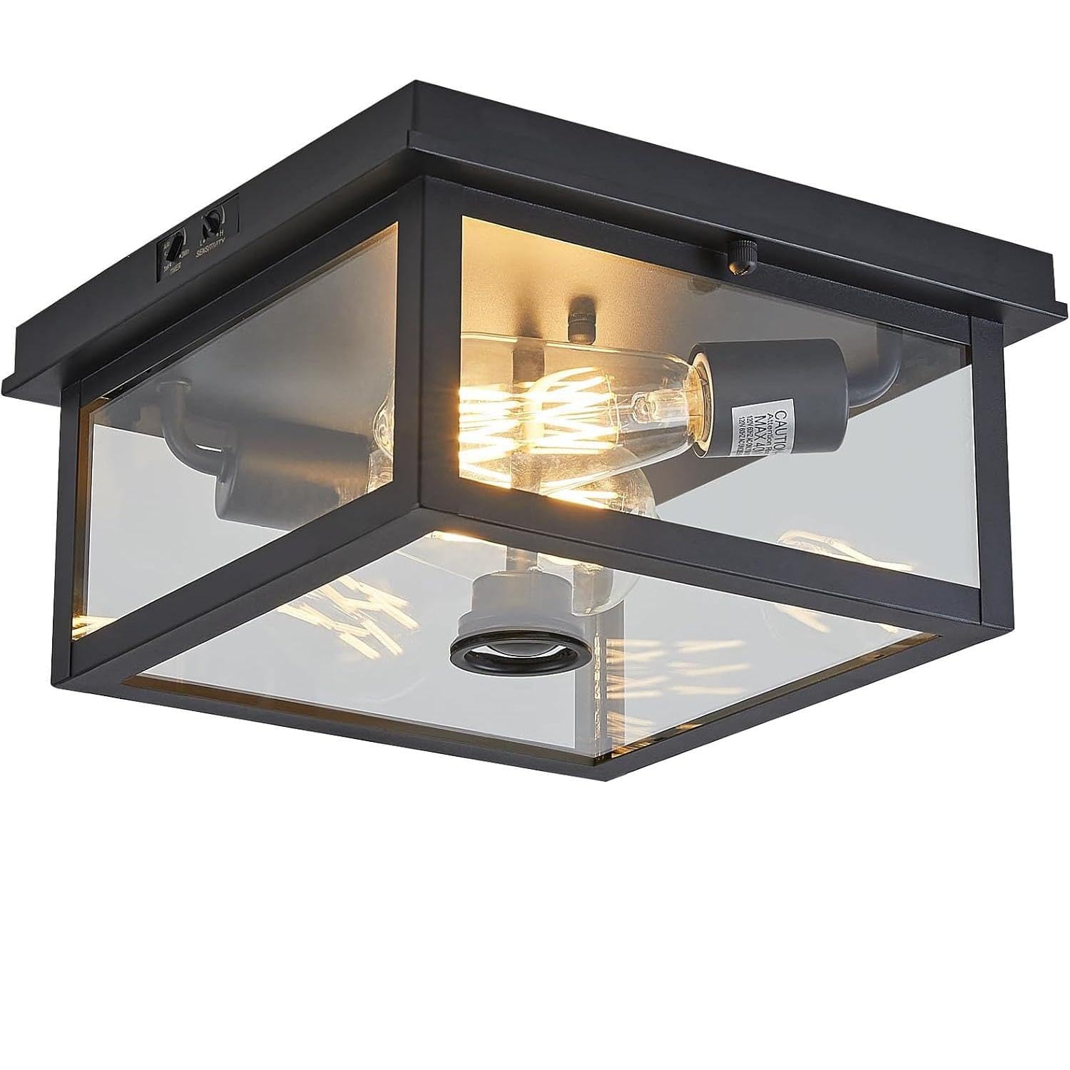 E27 Retro Deckenlampe 2 Flammig Deckenleuchte mit Bewegungsmelder Quadrat Flurlampe Schwarz Industrial Deckenbeleuchtung mit Klares Glas Innen Beleuchtung für Flur Balkon Esszimmer (Ohne Glühbirne)