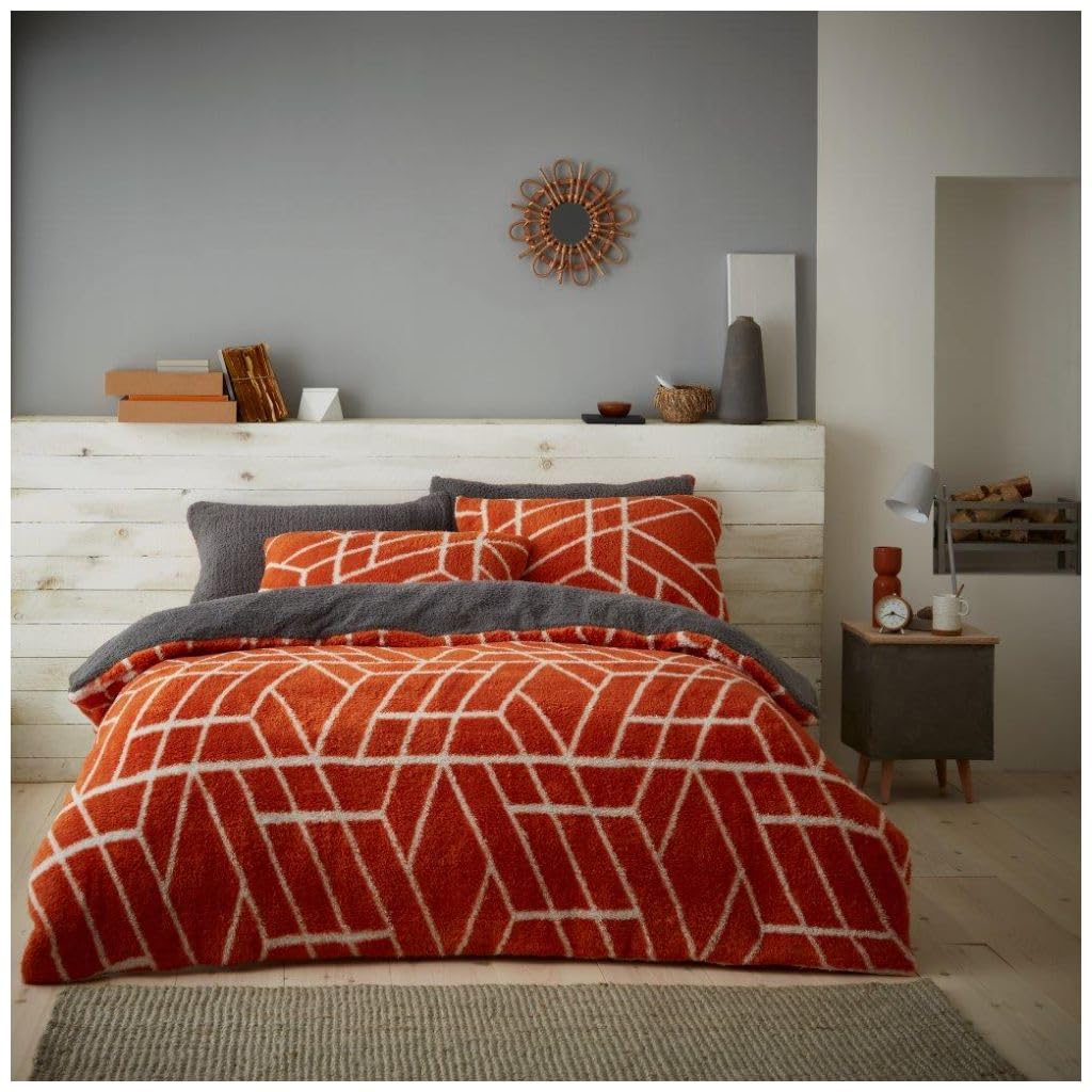 VELVETIO Teddy Fleece Duvet Cover Sets King, Comfy Geometric Shapes Bedding BedSet with Pillowcases, Reversible Thermal Warm Northern Comforter Quilt, Rust