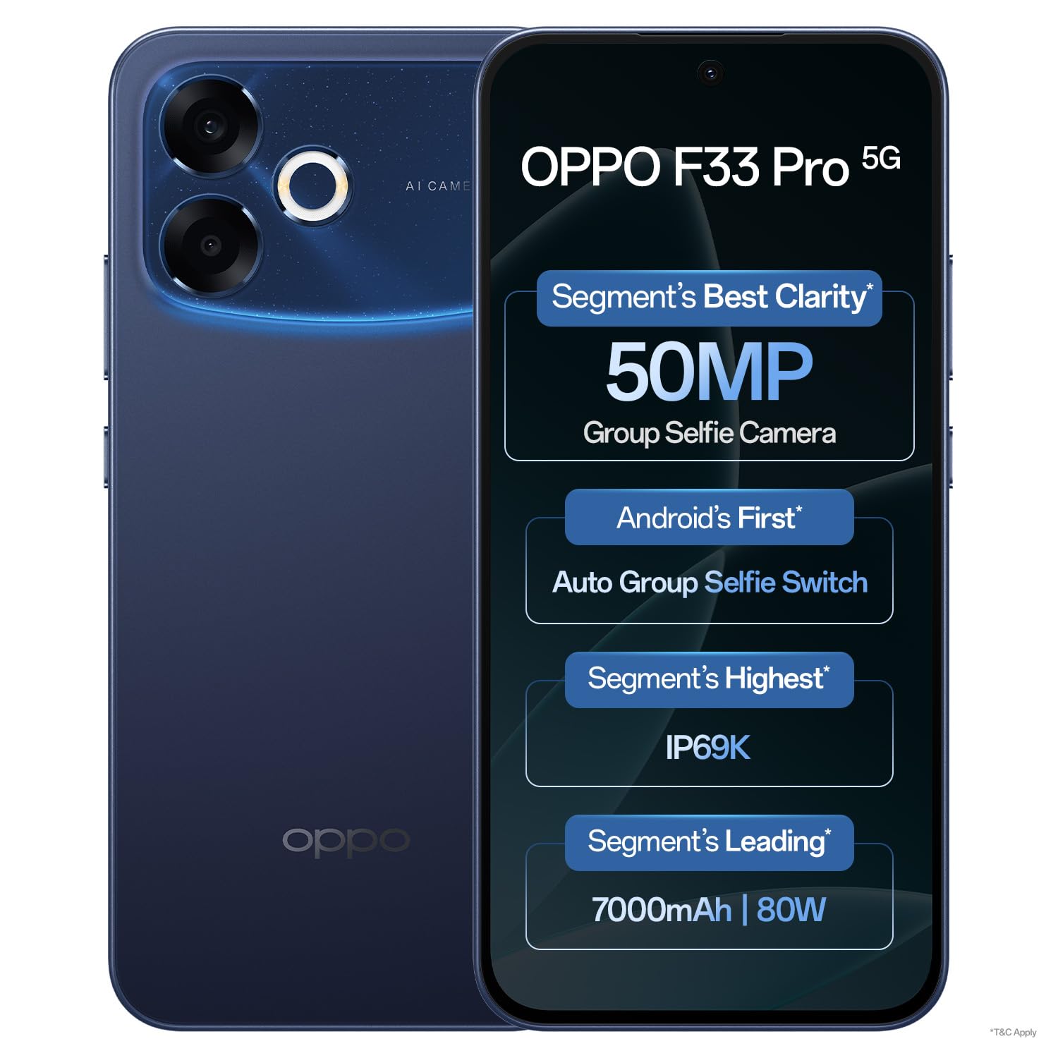 oppo f33 pro 5g smartphone (8gb ram, 128gb storage, starry blue) |50mp ultrawide selfie camera|7000 mah long battery life | 80w fast charging-with no cost emi/bank offers