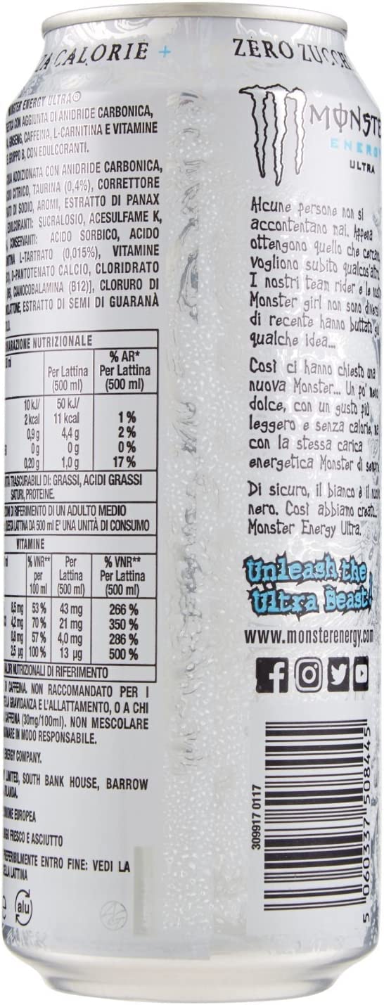48 bebidas energéticas Monster Energy Ultra Zero Zuccheri Zero Calorie sin azúcar, cero calorías, sabor ligero, no demasiado dulce, chispeante y cítrico, 500 ml, bebida refrescante, bebida deportiva