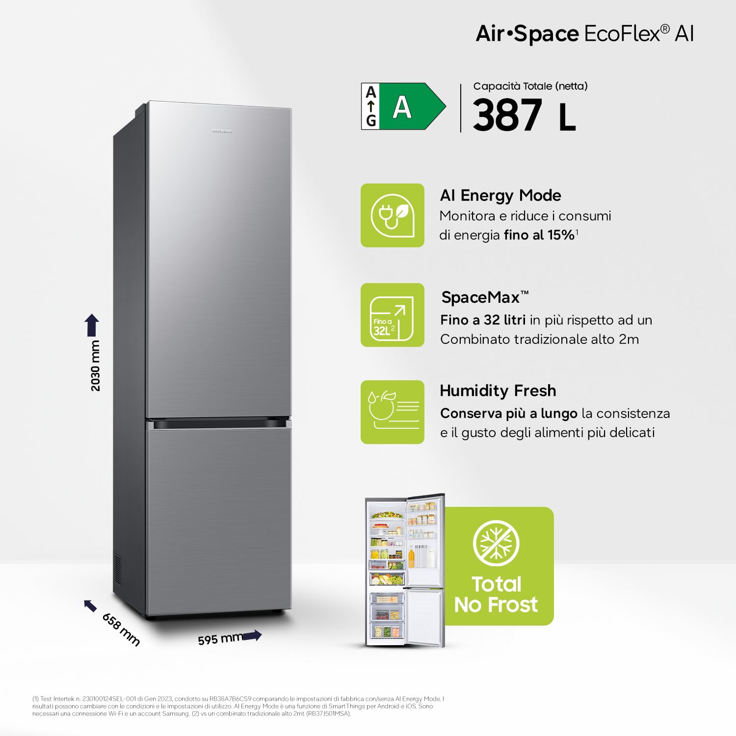 Samsung Frigorifero Combinato EcoFlex F-RL38C67AS93M, Twin Cooling Plus, SpaceMax, Total No Frost, Compressore Digital Inverter, 273L + 114L, LxAxP: 59,5 x 203 x 65,8 cm, Metal Inox