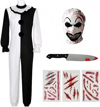 Men Costume the Clown Killer Black White Jumpsuit with Mask Tattoos Set