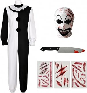 Men Costume the Clown Killer Black White Jumpsuit with Mask Tattoos Set