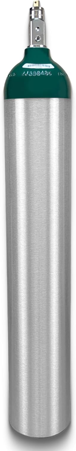 ResOne Portable Aluminum Medical Oxygen Cylinder, E Size, with CGA-870 Post Valve for Medical Use - Non-Sparking, Green Dome, Brushed Finish, 24.1 cf, Ships Empty, Prescription Required to Fill