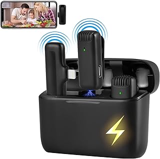 2 Pack Lavalier Microphones,J13 Wireless Microphone for iPhone with Charging Case,iPhone Mic for Video Recording, Plug&Play Cordless Recording Mic, Noise Reduction, Auto Sync, No Bluetooth or App