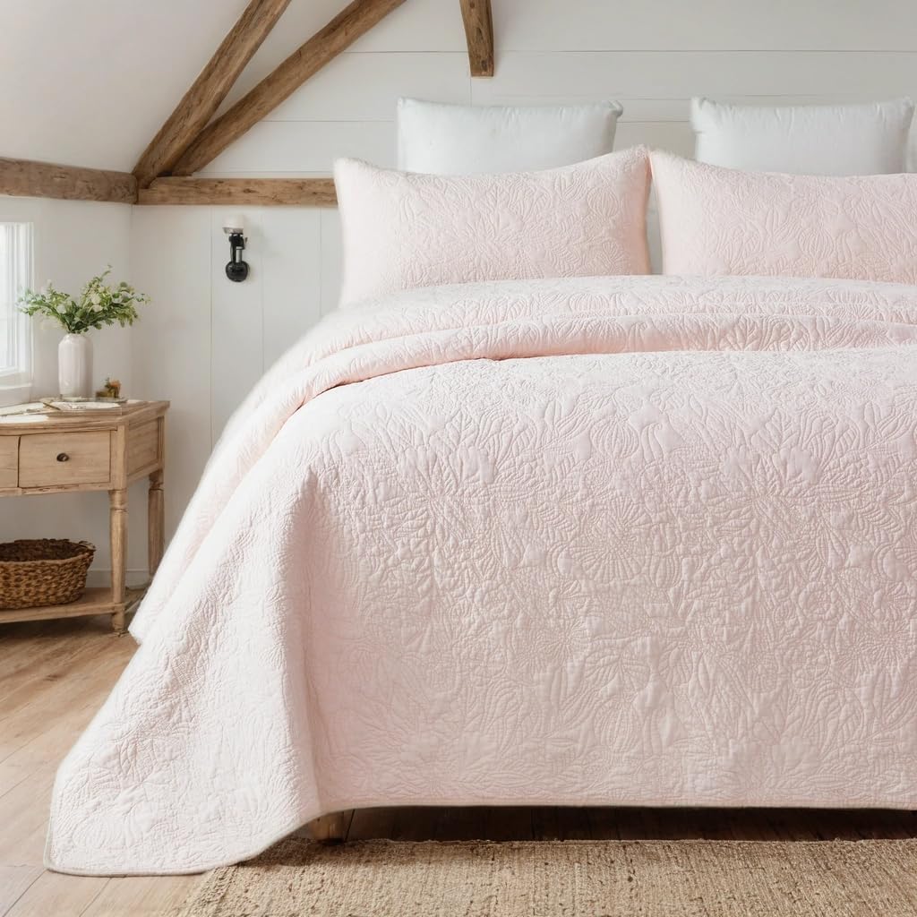 Brandream Queen Size Quilt Set Cotton Light Pink Floral Quilts Botanical Matelasse Coverlet Set 3-Piece