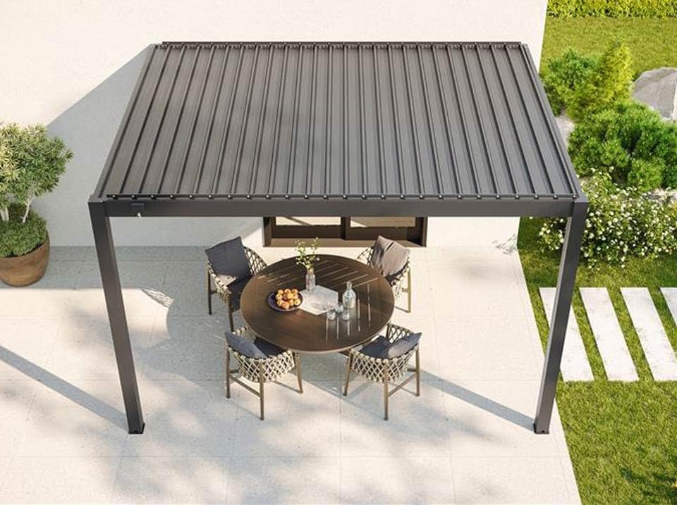 Direct ABRIS Pergola Bioclimatique Aluminium Adossée 12m² - 3x4m - Deux Stores Inclus - Anthracite - 29 Lames en Acier galvanisé - Inclinable à 90° - Tonnelle
