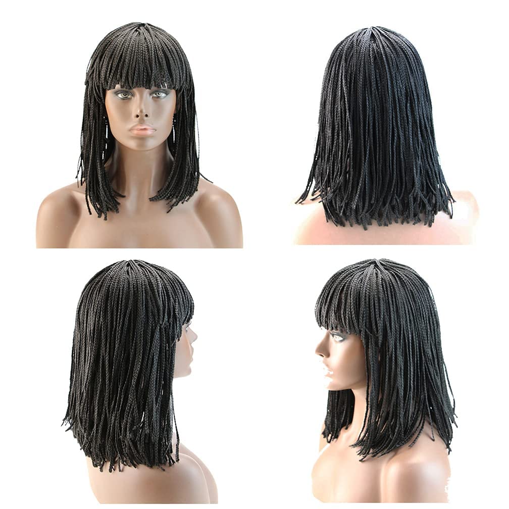 Braided Bob Wig Short Braided Wigs with Bangs for Black Women, Rick James Wig 70-80s Style Box Braid Wig Crochet Hair Synthetic Wigs, Dreadlock Wigs for Daily or Cosplay (Natural Black, 10in/25cm)
