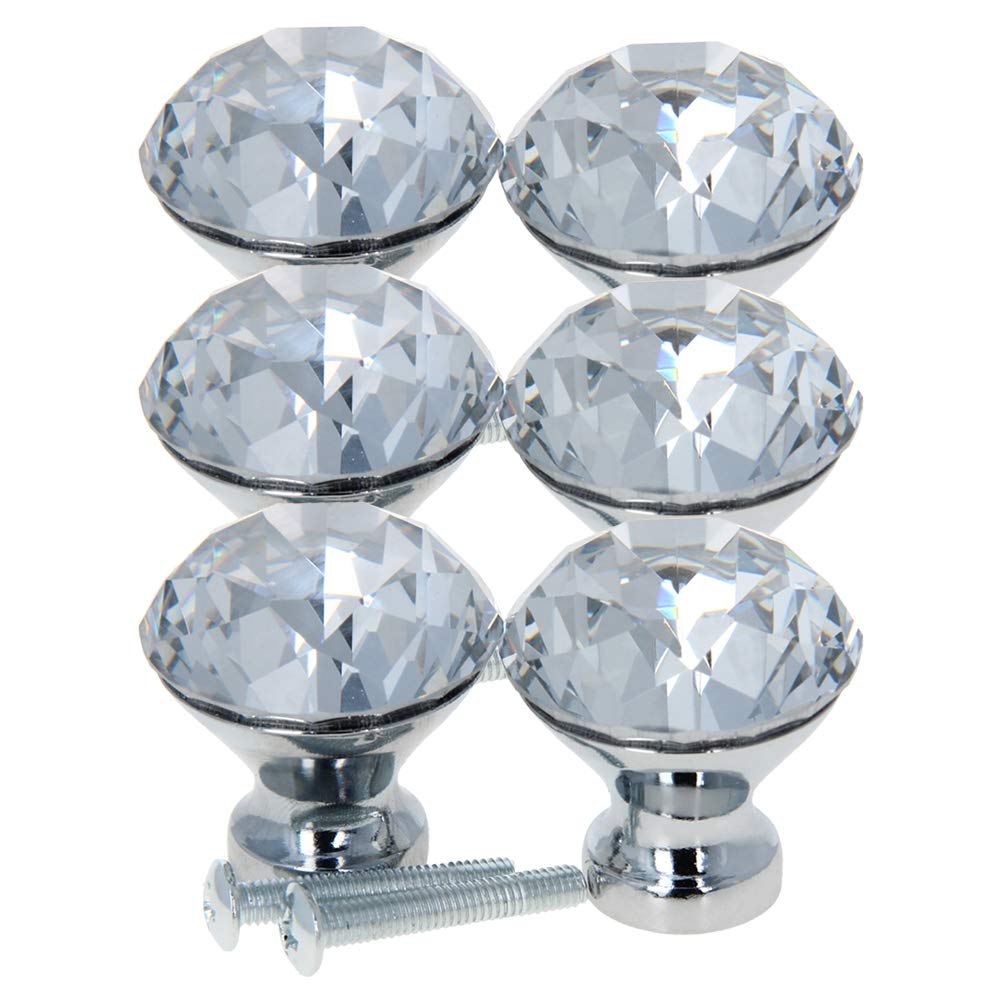 Mromax 6Pcs Crystal Zinc Alloy Pull Handle Cabinet Knobs Cupboard Drawers Cabinet Dresser Bookcase Wardrobe Silver Base,