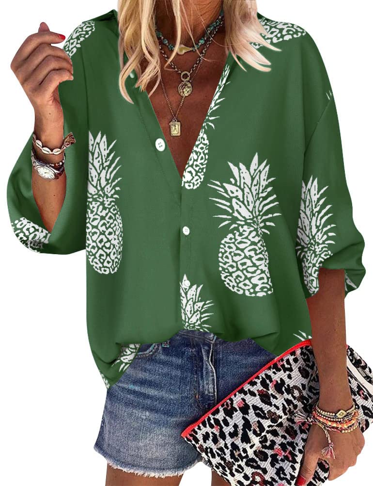 ZXZY Women Pineapple Printed Lapel Collar Half Sleeves Buttons Down Blouse Shirt