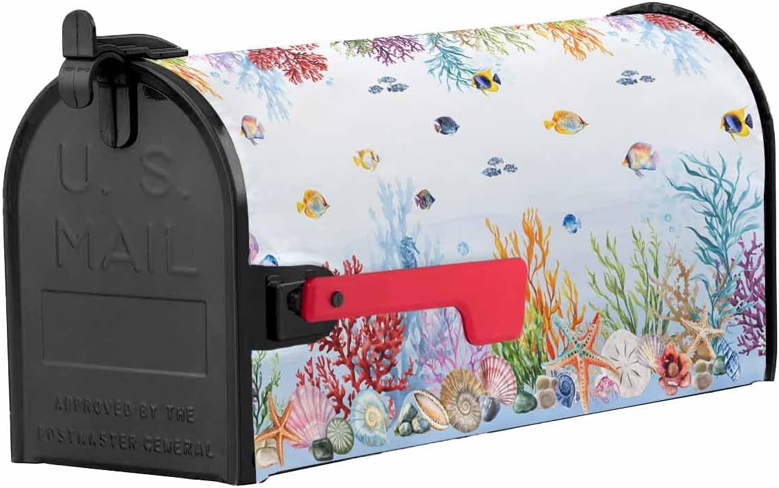 Blue Coastal Mailbox Covers Magnetic Standard Size, Summer Beach Nautical Coral Fish Decorative Post Letter Numbers Box Wrap Decoration Covers Small Accessories for Garden Yard Outdoor Décor