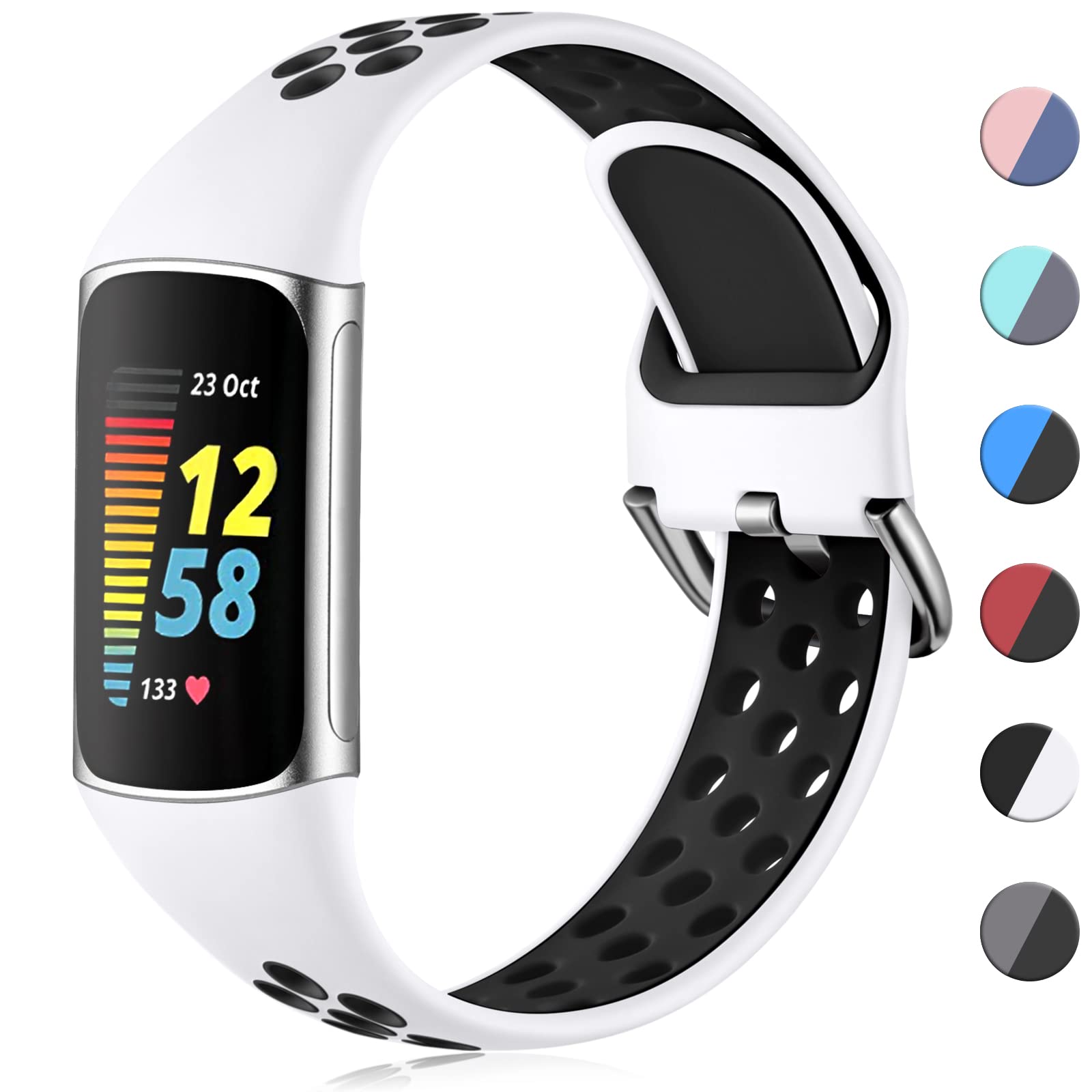 CeMiKa Sport Silicone Strap Compatible with Fitbit Charge 5/6, Waterproof Soft Adjustable Breathable Bands, Small/Large โ image 1