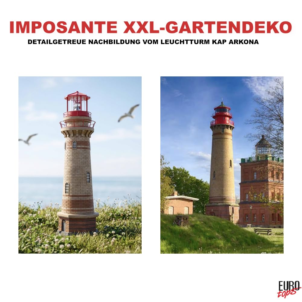 EUROtops Solar-Leuchtturm Kap Arkona Gartenleuchte LED mit Dämmerungssensor, handbemalte Maritime Deko, IP44