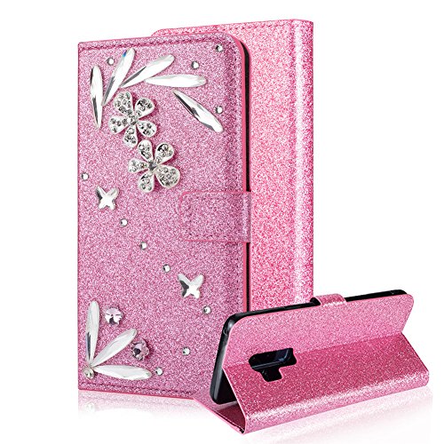 For Samsung Galaxy S9 Plus Case, Aearl PU Leather 3D Crystal Bling Glitter Diamond Feather Jewels Rhinestone Flower Magnetic Closure Flip Wallet Card Slot Stand Cover for Samsung Galaxy S9 Plus - Pink