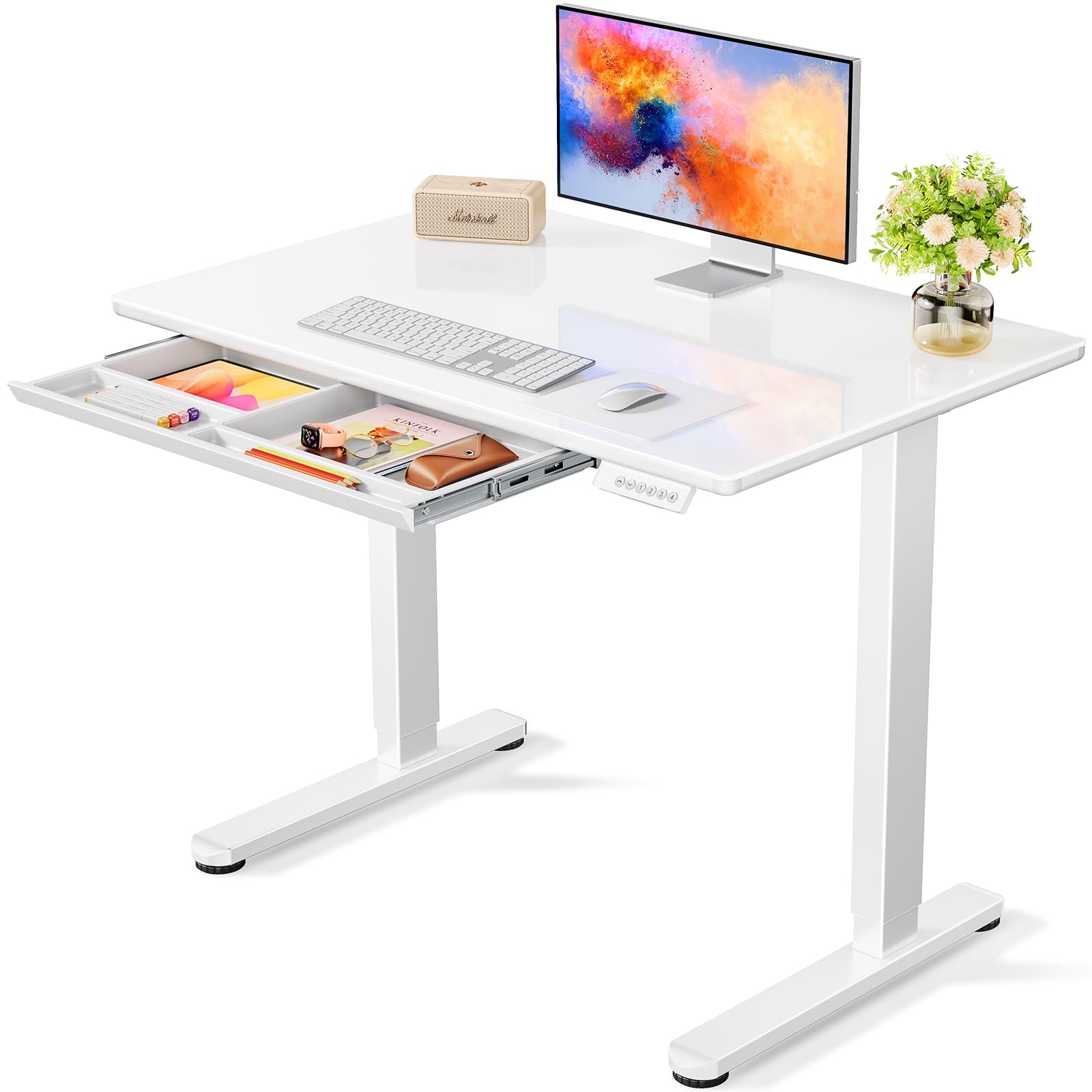 Photo 1 of Marsail Glass Electric Standing Desk with Drawer, 40 x 24 Inches Height-Adjustable Desk, One-Piece Tempered Glass Top, Ergonomic Home Office Sit Stand Desk with 4 Preset Heights, Brown Top