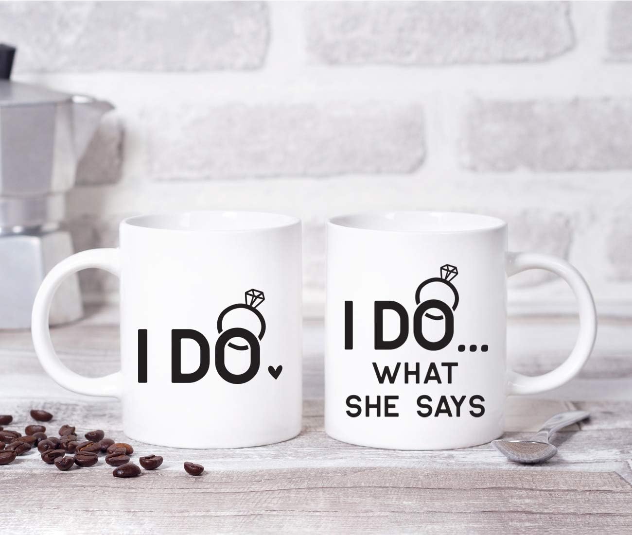 Andaz Press 11oz. Funny Coffee Mug Bride & Groom's Engagement Wedding Anniversary, I Do, I Do...What She Says, Ring Graphic, 2-Pack, Couple's Ideas