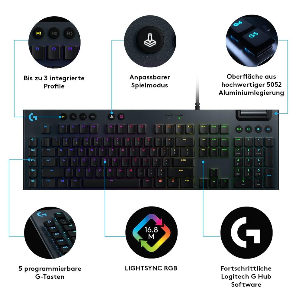 Logitech G815 mechanische Gaming-Tastatur, Taktiler GL-Tasten-Switch mit flachem Profil, LIGHTSYNC RGB, Schlankes Design, 5 Programmierbare G-Tasten, Multimedia-Bedienelemente, Deutsches QWERTZ-Layout