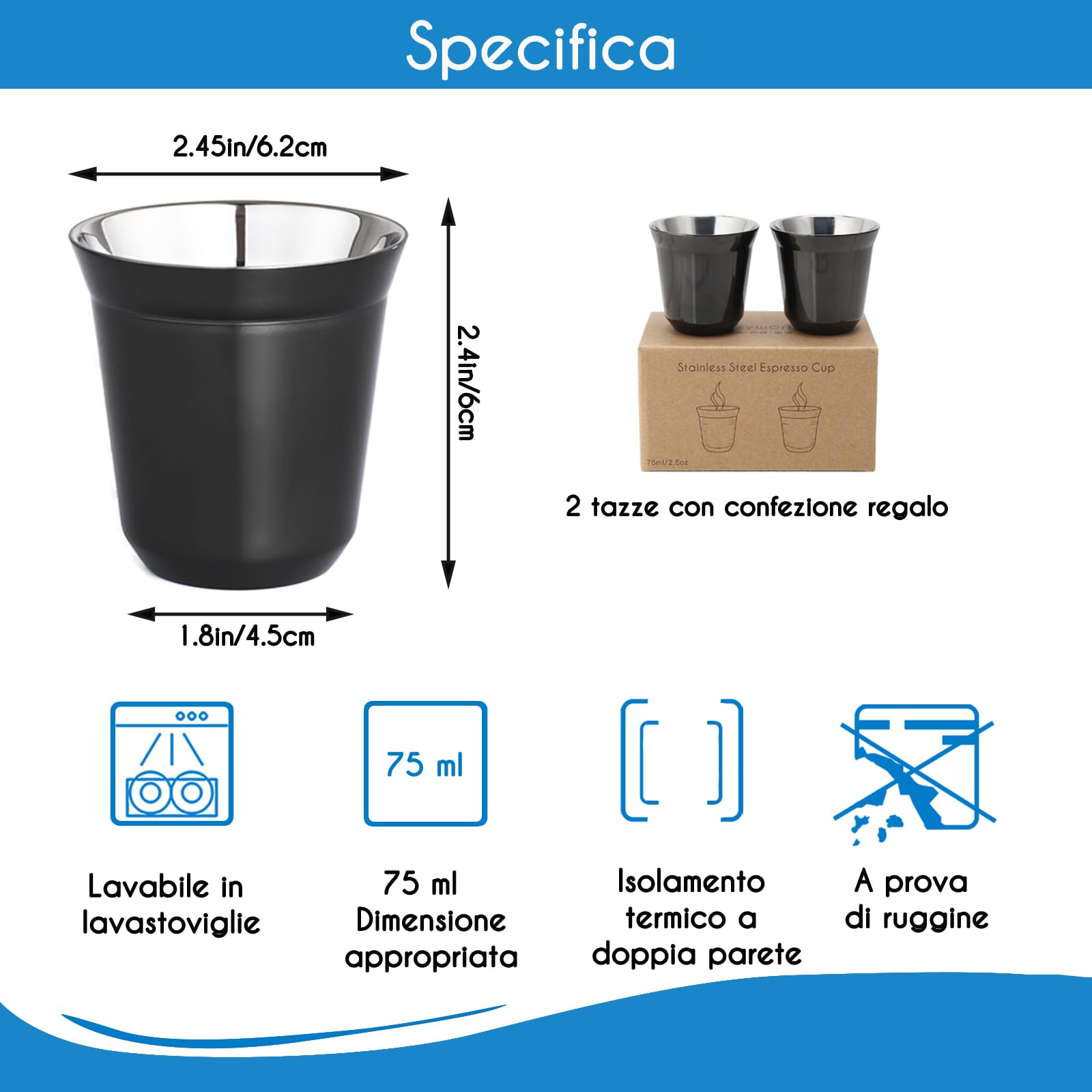 Easyworkz Set di tazzine da caffè in acciaio inossidabile con isolamento a doppia parete da 75 ml
