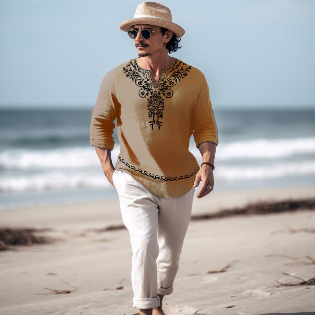 JoZorro Mens Polyester Linen V Neck Henley Shirt Long Sleeve Caftan Handmade Tunic Embroidered Casual Beach T Shirts - Image 2