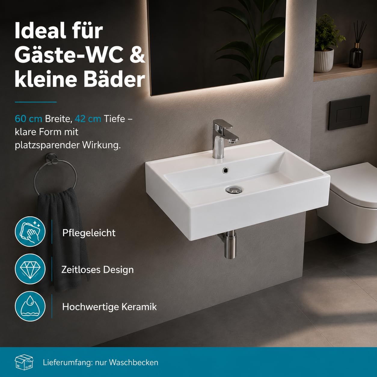 Aqua Bagno Ceramiczna umywalka 60 cm – prostokątna umywalka wisząca lub umywalka nablatowa z otworem na kran, głębokość 42 cm, montaż na ścianie, WC dla gości, biała