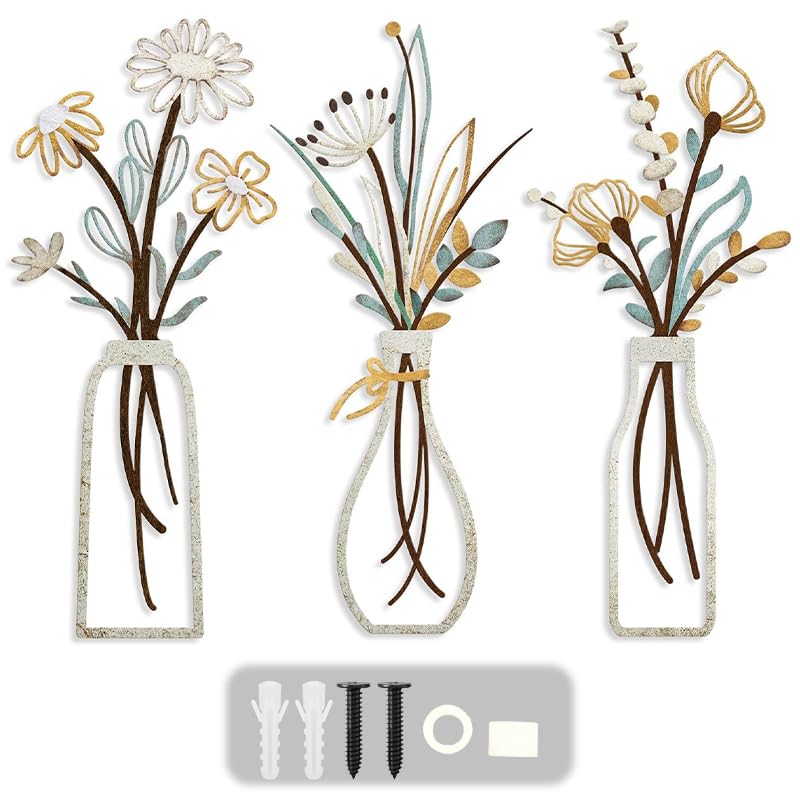 HASTHIP® 3 Pieces Metal Flowers Wall Art Rustic Farmhouse Decor Beige Minimalist Flower Wall Decors for Living room Bathroom Bedroom Dining Room-Housewarming Gifts-image-44