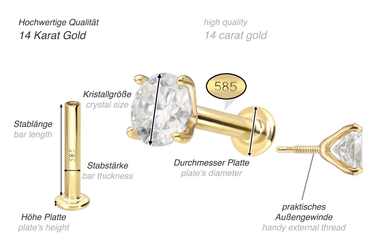 PIERCINGLINE Piercing Stecker 14 Gold Labret mit Innengewinde MOISSANIT 585er Gold - Roségoldfarben, Goldfarben, Silberfarben