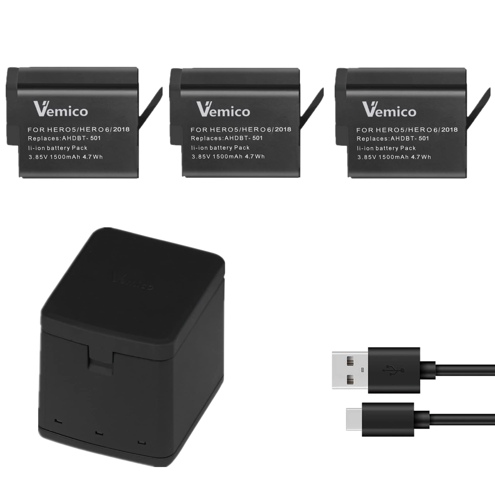 Vemico Hero 7/6/5 Batteria Caricabatterie Kit 3 Pack 1500mAh Batterie Ricambio Tipo-C LED 3-Canali Caricabatterie per Hero 7 Black/Hero 6/Hero 5 Black/Hero 2018 (Compatibile con L'originale)