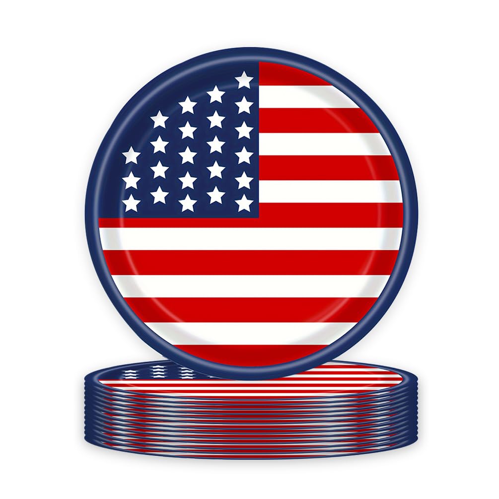 25 Pcs 4th of July Patriotic Paper Plates, Fourth of July American Flag Disposable Paper Plates Party Supplies, Red White Blue Paper Plates for