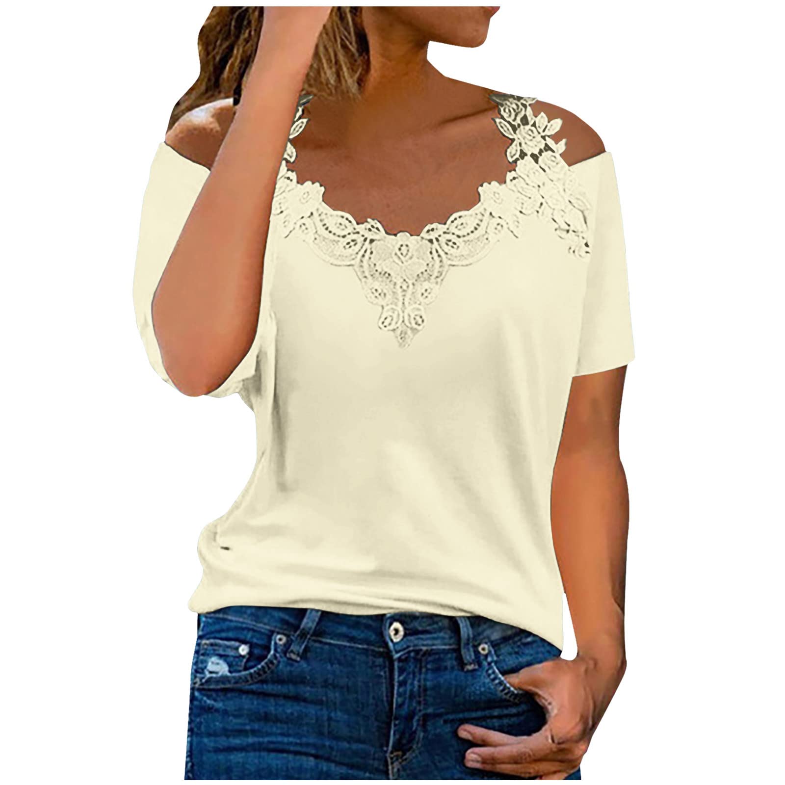 StessotudoWomen Summer Tops Casual V Neck Lace Patchwork T Shirts Short Sleeve Cold Shoulder Loose Fit Fashion Blouses 2023